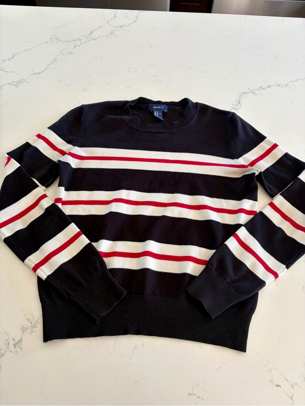 Forever 21 Black Crewneck Sweater with White and Red Stripes - Women’s Medium